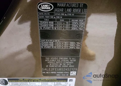 2025 Land Rover Defender 130 X-Dynamic Se z USA, uszkodzony, nr VIN SALE2FEU8S2452129